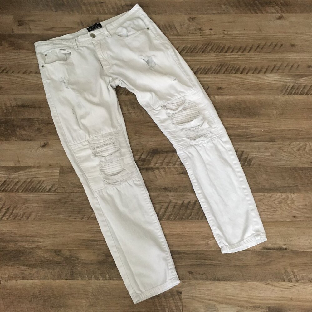 Uh Denim White Distressed Pintuck Stretch Skinny Jeans Size 32 - Picture 11 of 16